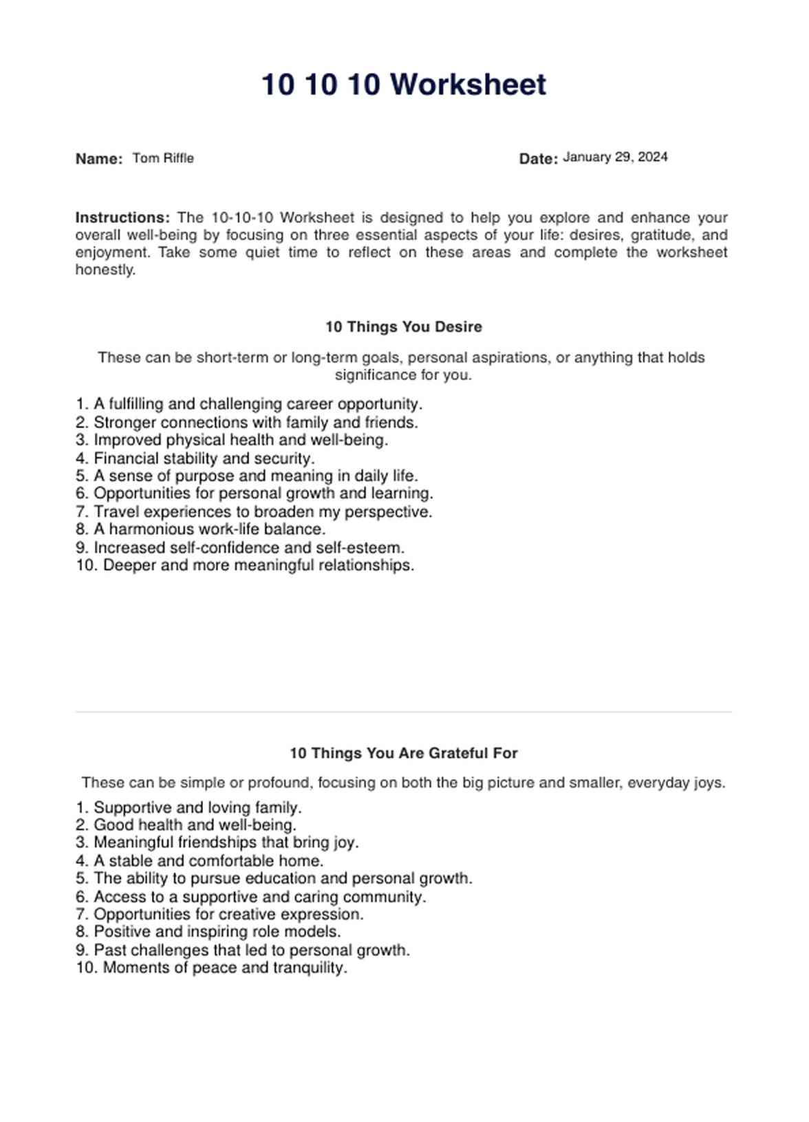 10 10 10 Worksheet PDF Example