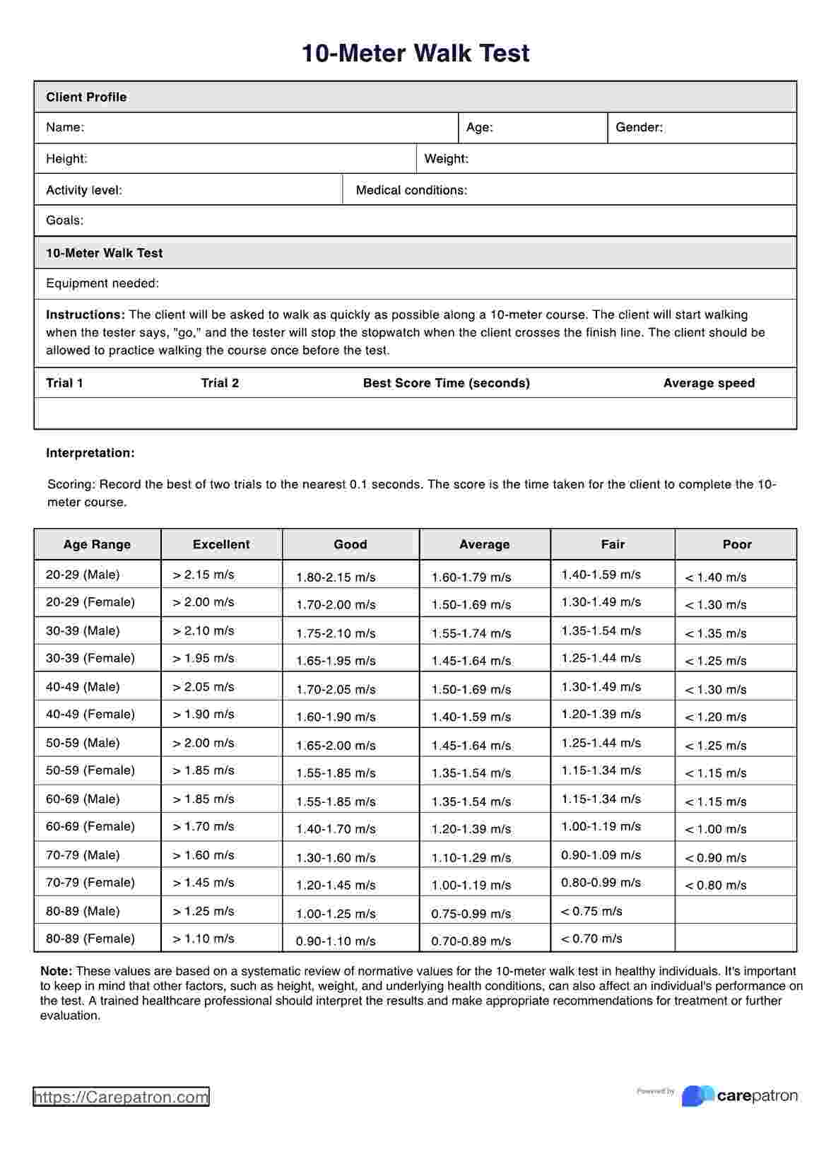 10 Meter Walk Test PDF Example