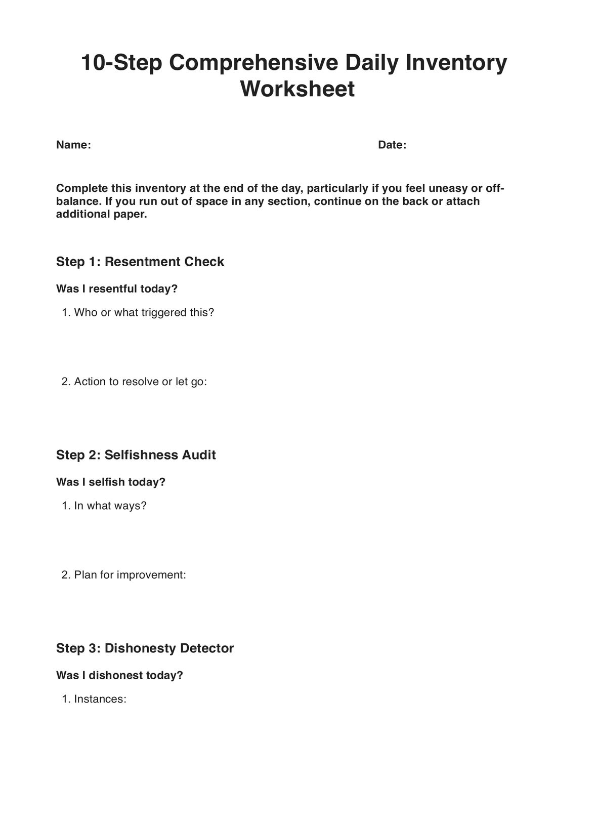 10-Step Inventory Worksheets PDF Example