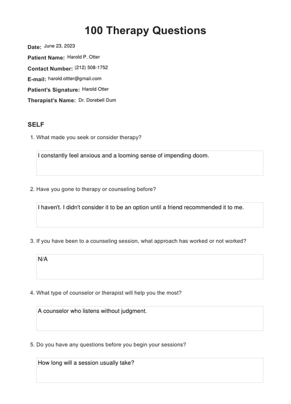 100 Therapy Questions PDF Example