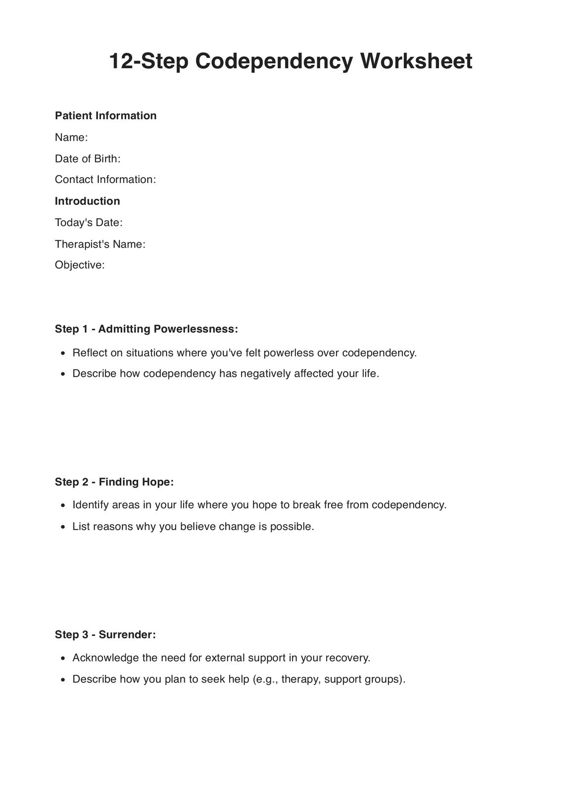 12 Step Codependency Worksheet PDF Example