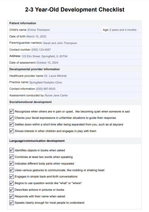 Checklist de desarrollo de niños de dos a tres años PDF Example
