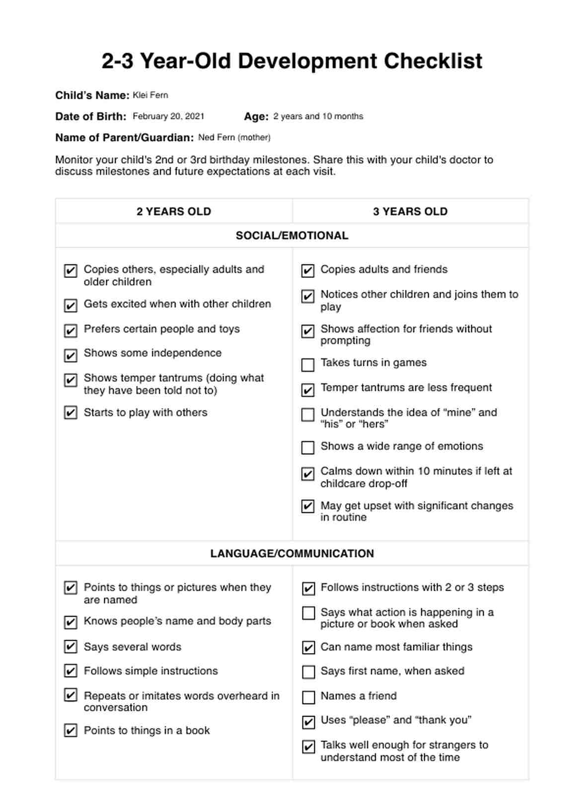 2-3 Year-Old Development Checklist PDF Example