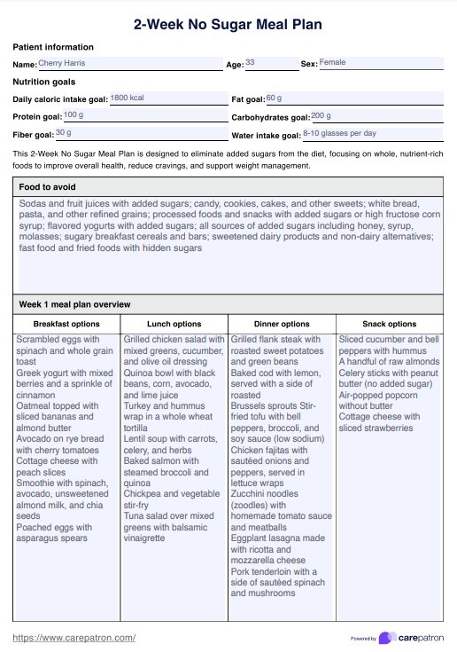 Maaltijdplan van 2 weken zonder suiker PDF Example