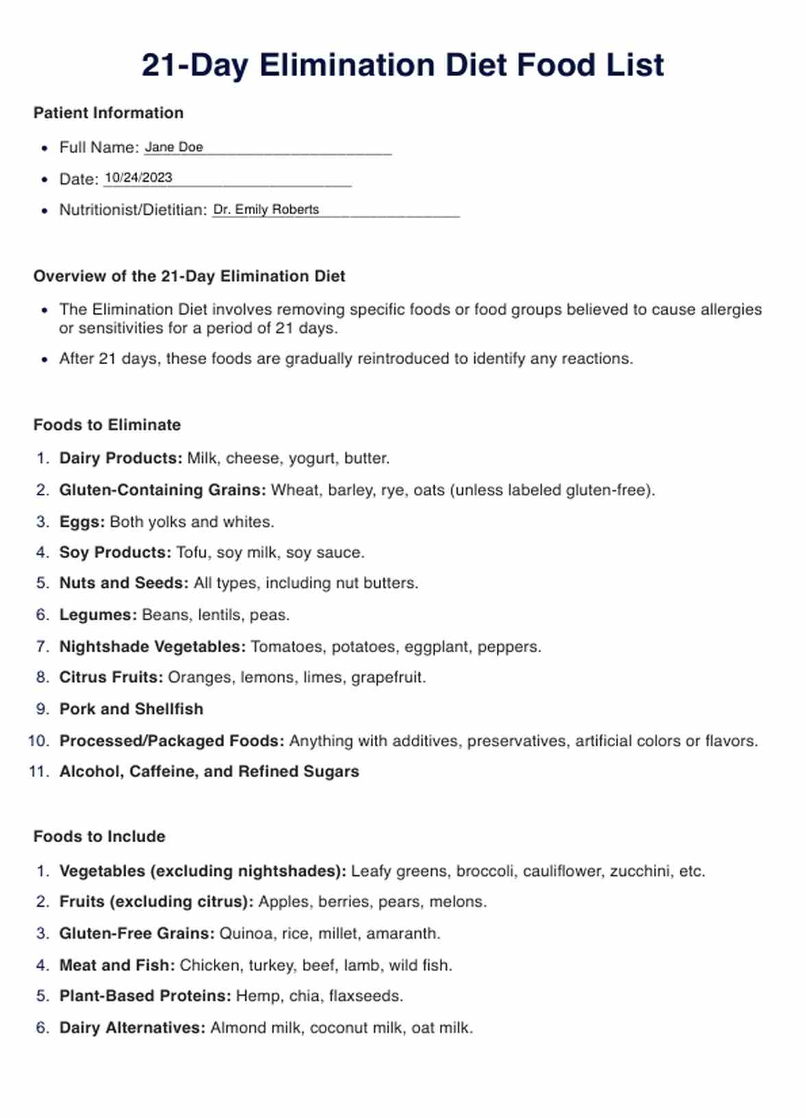 21 Day Elimination Diet Food List PDF Example