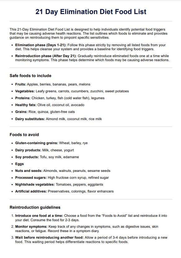 21 Günlük Eliminasyon Diyet Yiyecek Listesi PDF Example