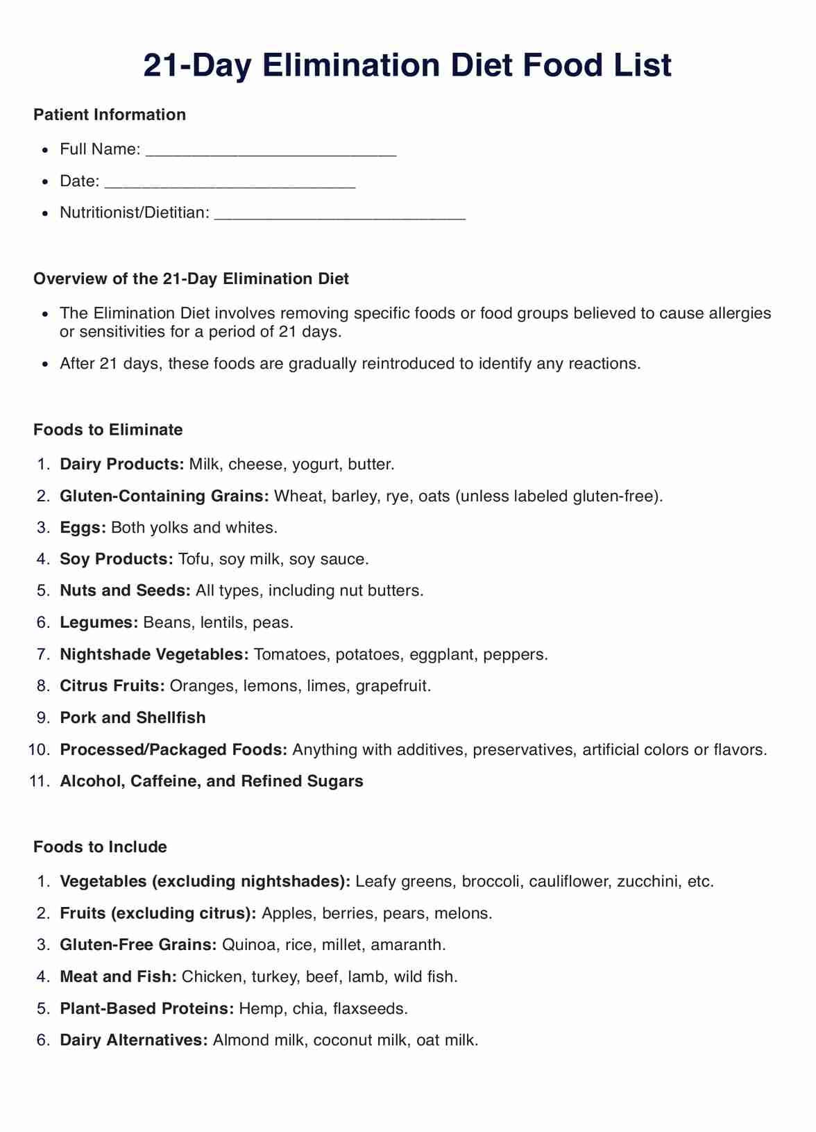21 Day Elimination Diet Food List PDF Example