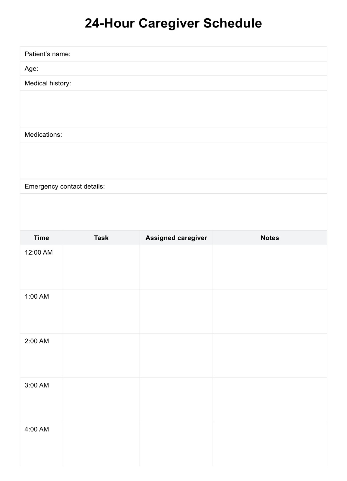 24-hour Caregiver Schedule Template PDF Example