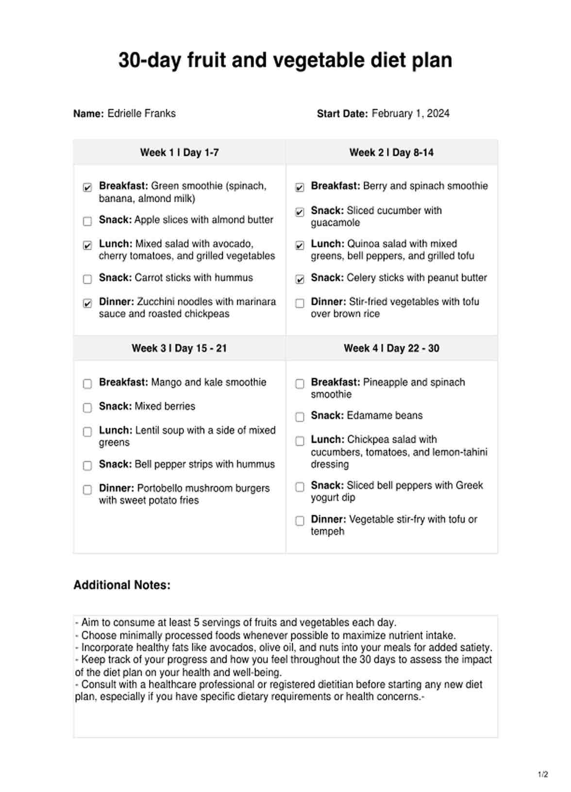 Plan de dieta de frutas y verduras de 30 días PDF Example