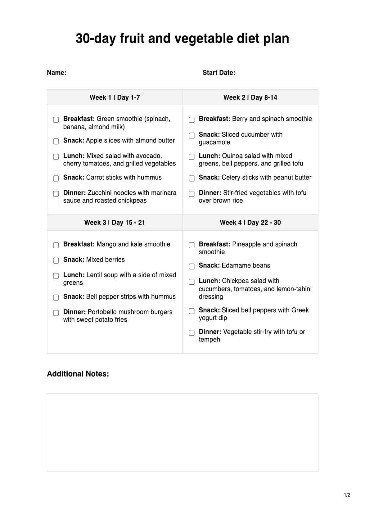 30-Day Fruit and Vegetable Diet Plan PDF Example