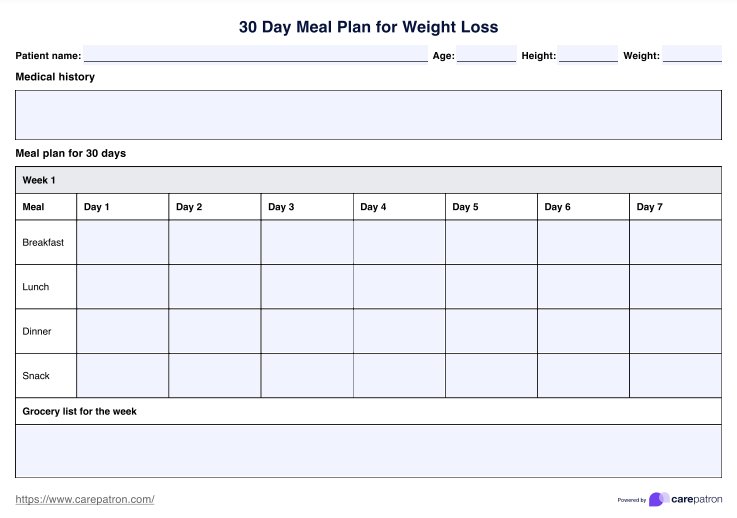 Plan de repas de 30 jours pour perdre du poids PDF Example