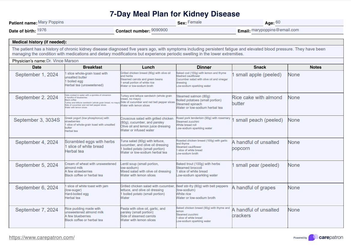 Plan de repas de 7 jours pour les maladies rénales PDF Example