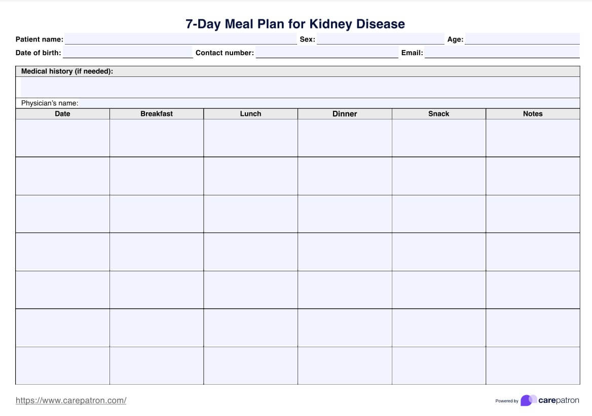 7-dages måltidsplan for nyresygdom PDF Example