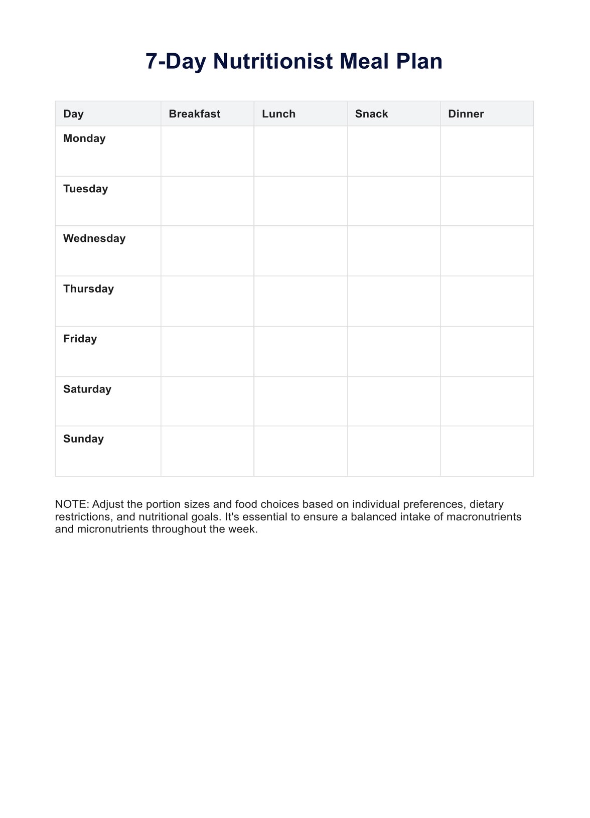 Nutritionist Meal Plan PDF Example