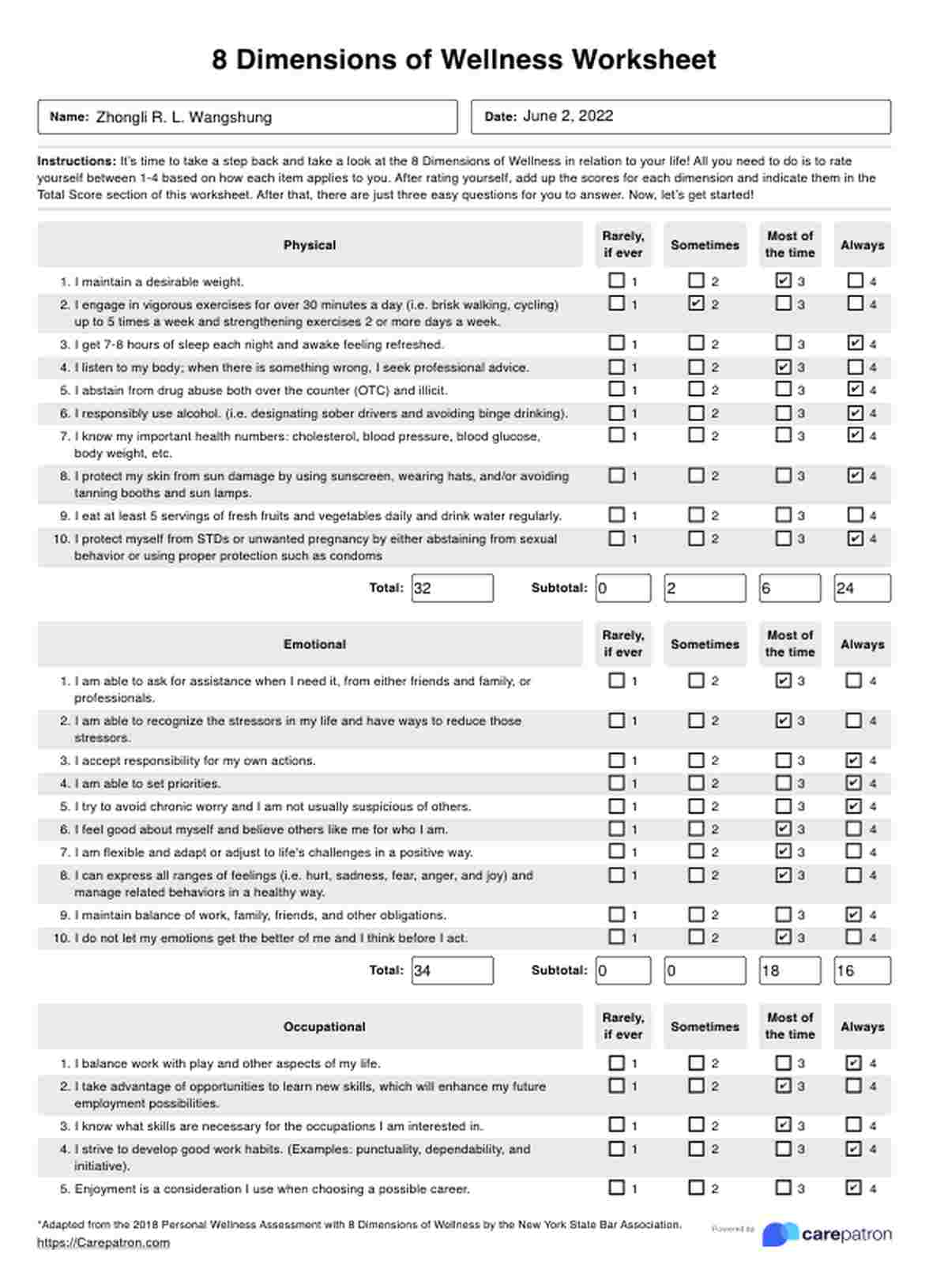 8 Dimensions of Wellness Worksheet PDF Example