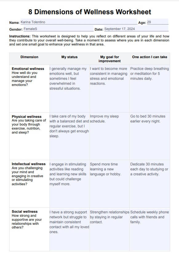 Arbeitsblatt „8 Dimensionen des Wohlbefindens“ PDF Example