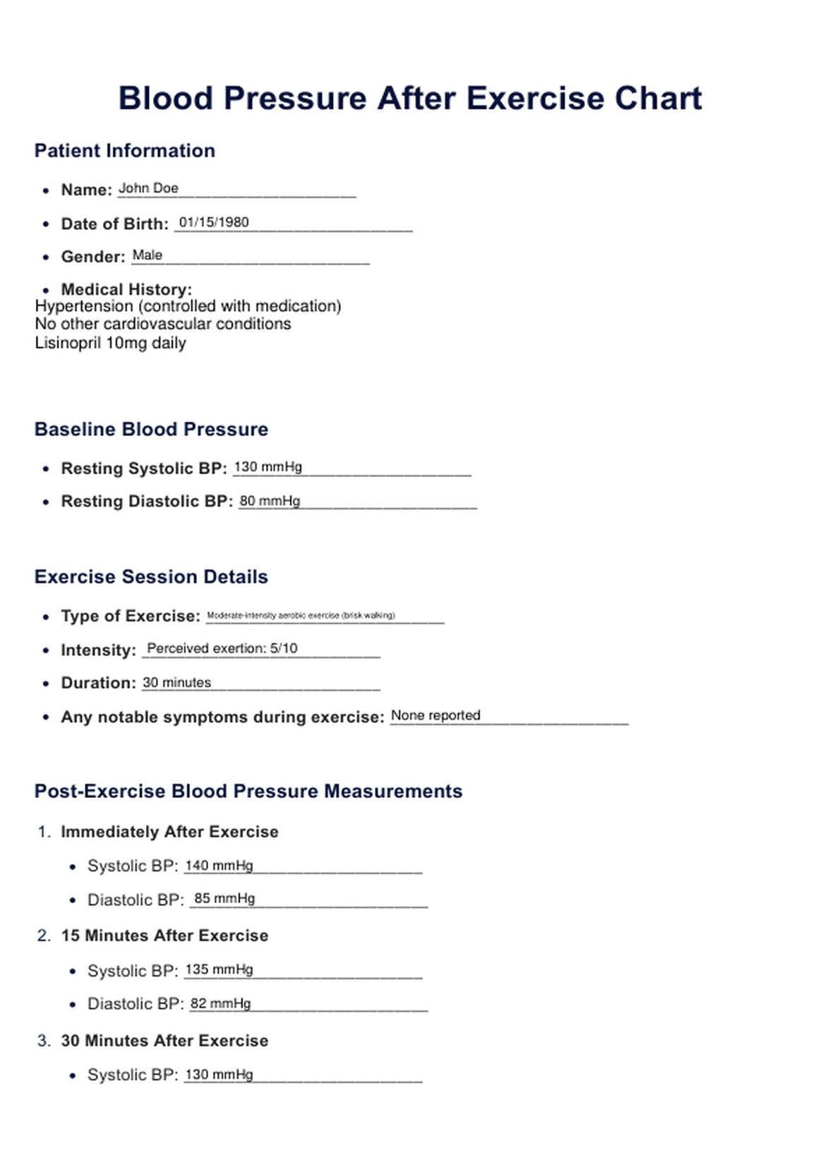 Blood Pressure After Exercise Chart Example Free PDF Download