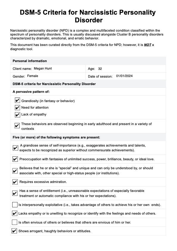 DSM 5 Criteria for Narcissistic Personality Disorder PDF Example