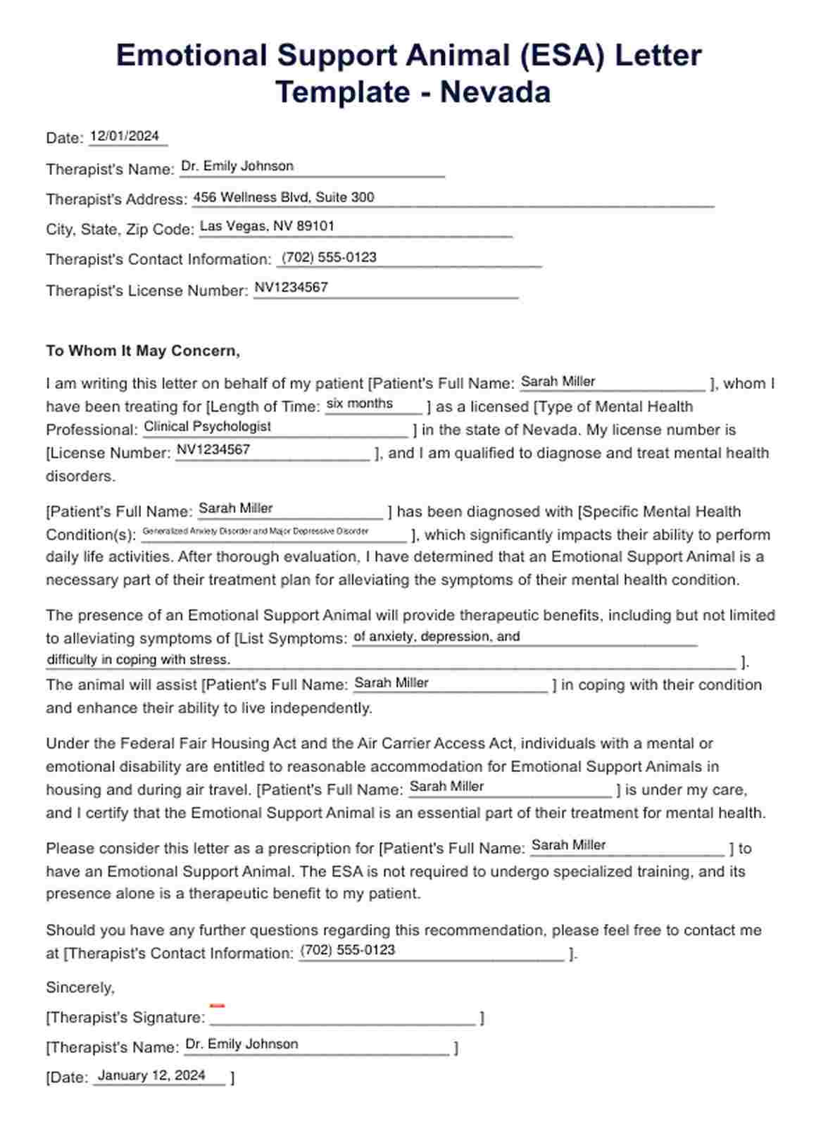 ESA Letter Nevada PDF Example