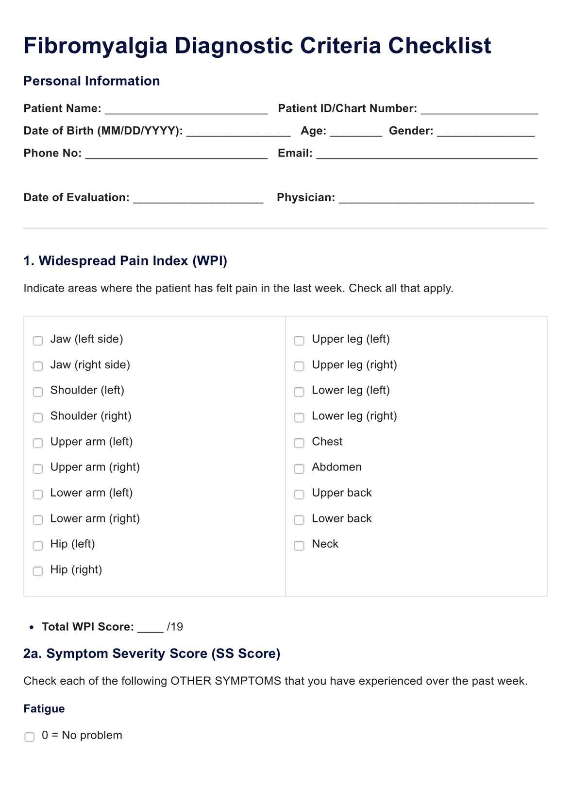 Fibromyalgia Checklist Template PDF Example