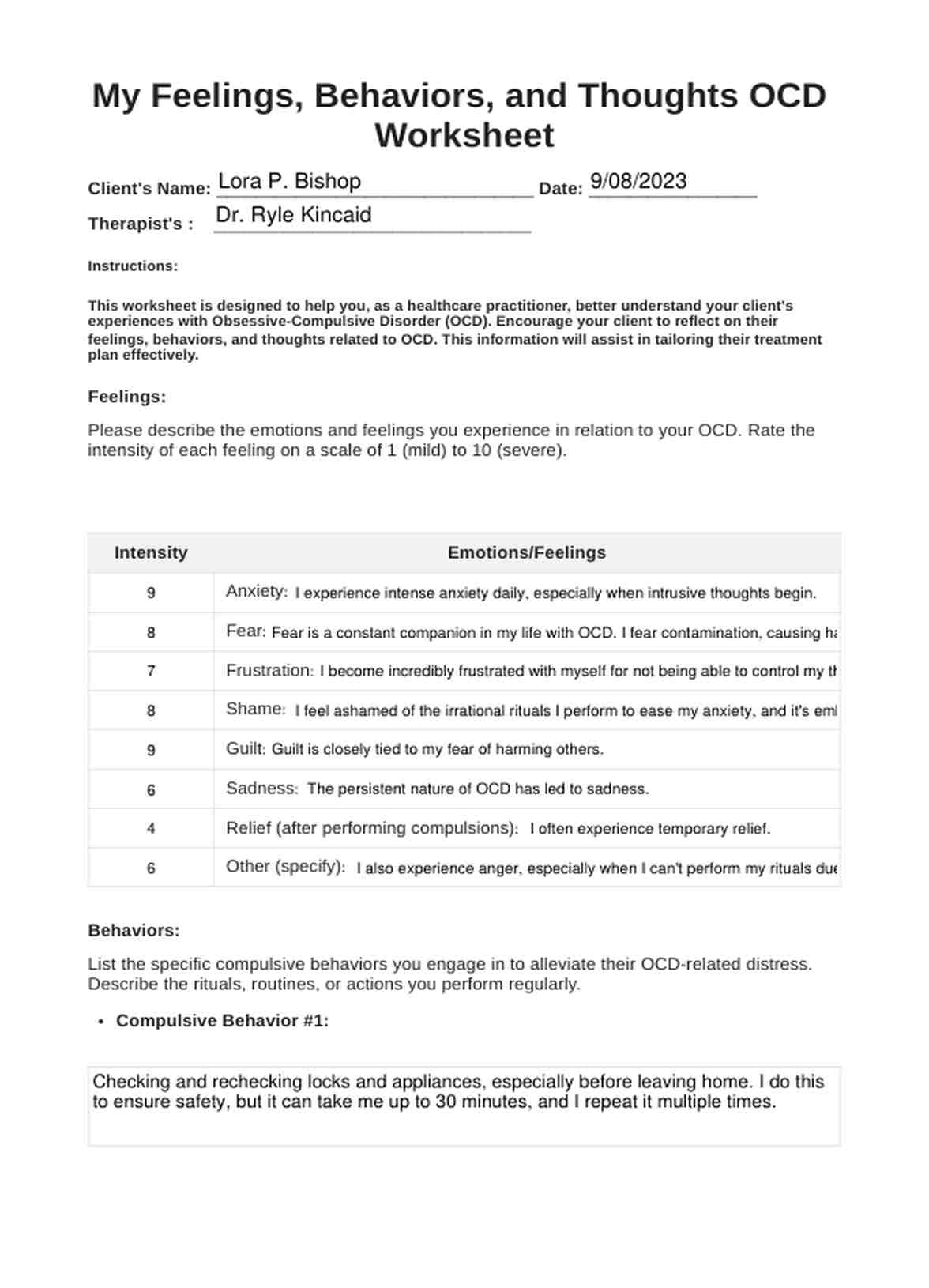 My Feelings, Behaviors, and Thoughts OCD Worksheet PDF Example