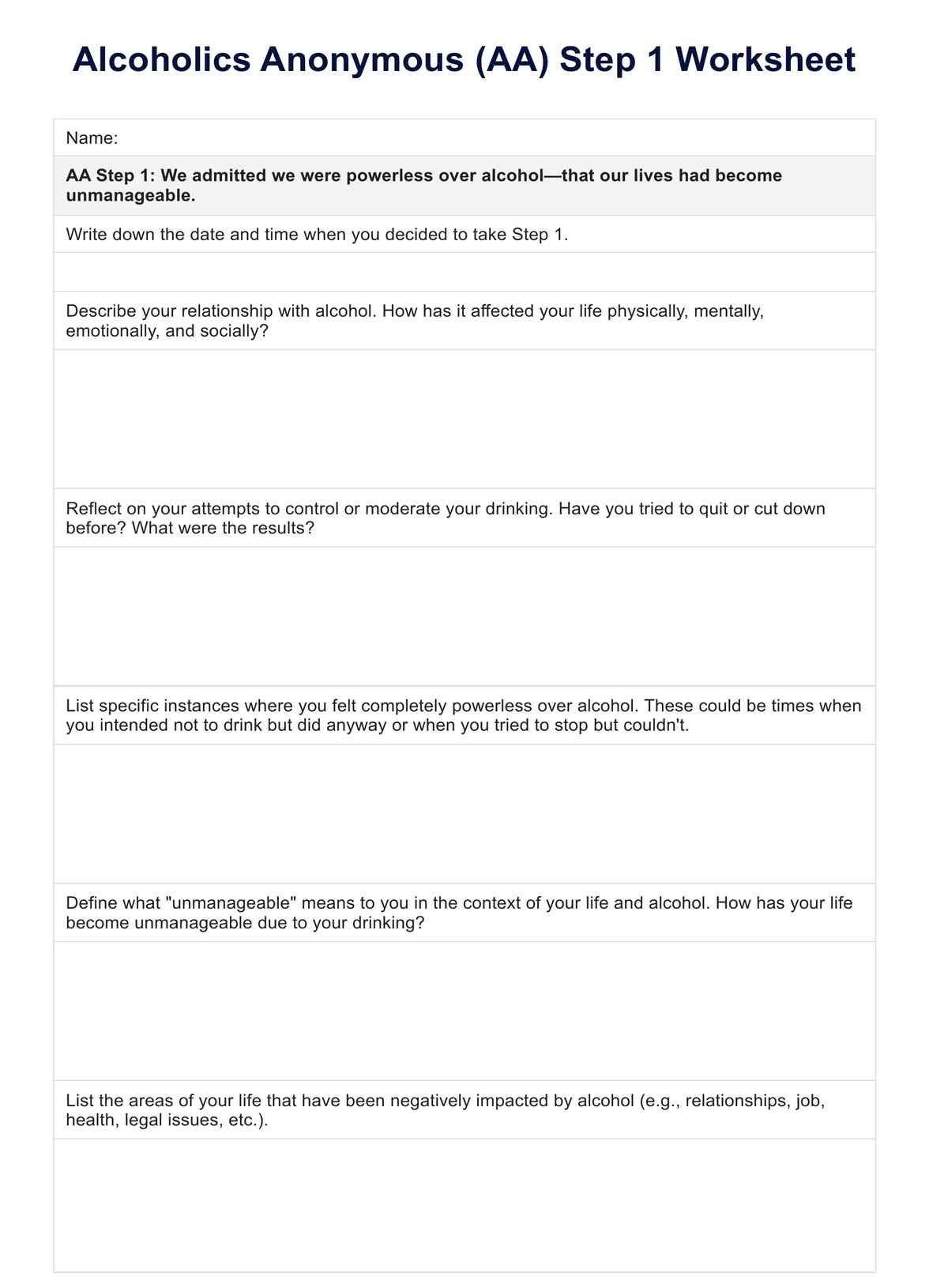 AA Step 1 Worksheets PDF Example