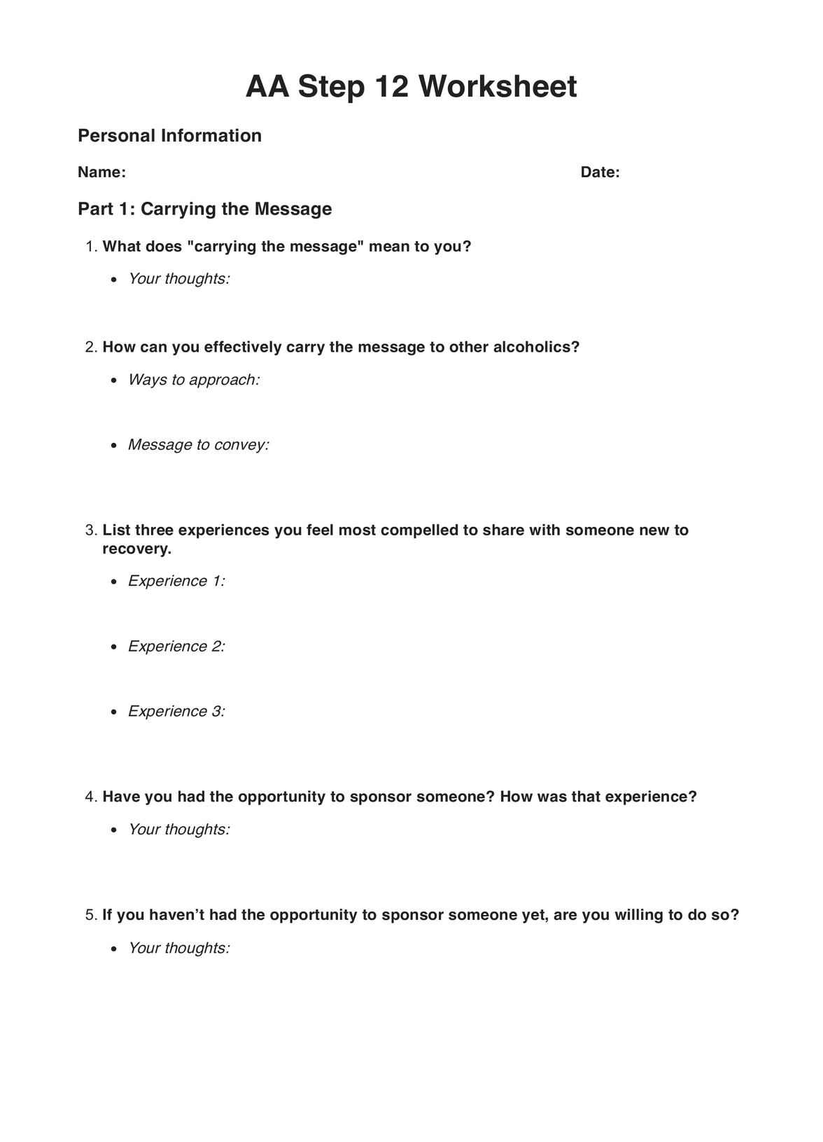 AA Step 12 Worksheets PDF Example