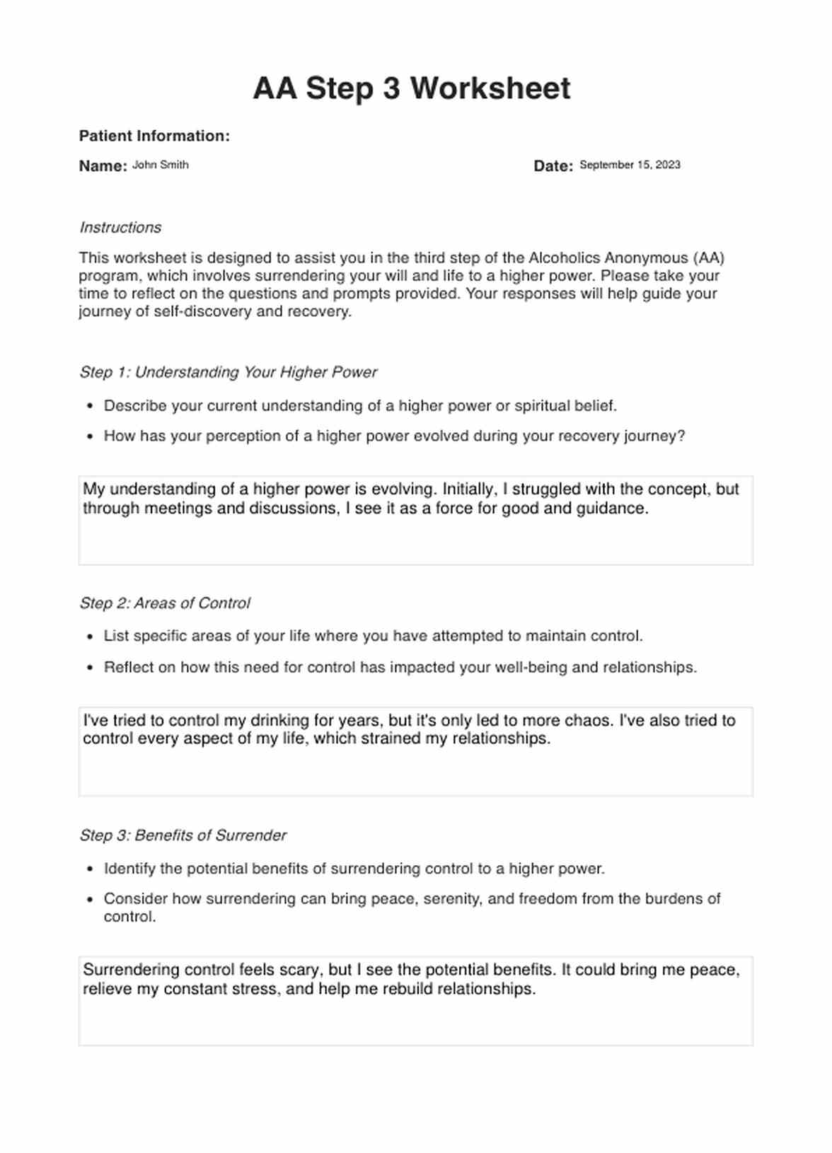 AA Step 3 Worksheets PDF Example