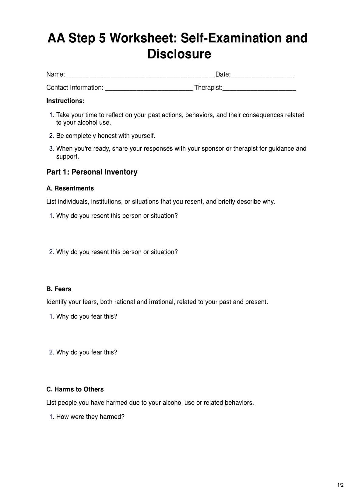 AA Step 5 Worksheets PDF Example