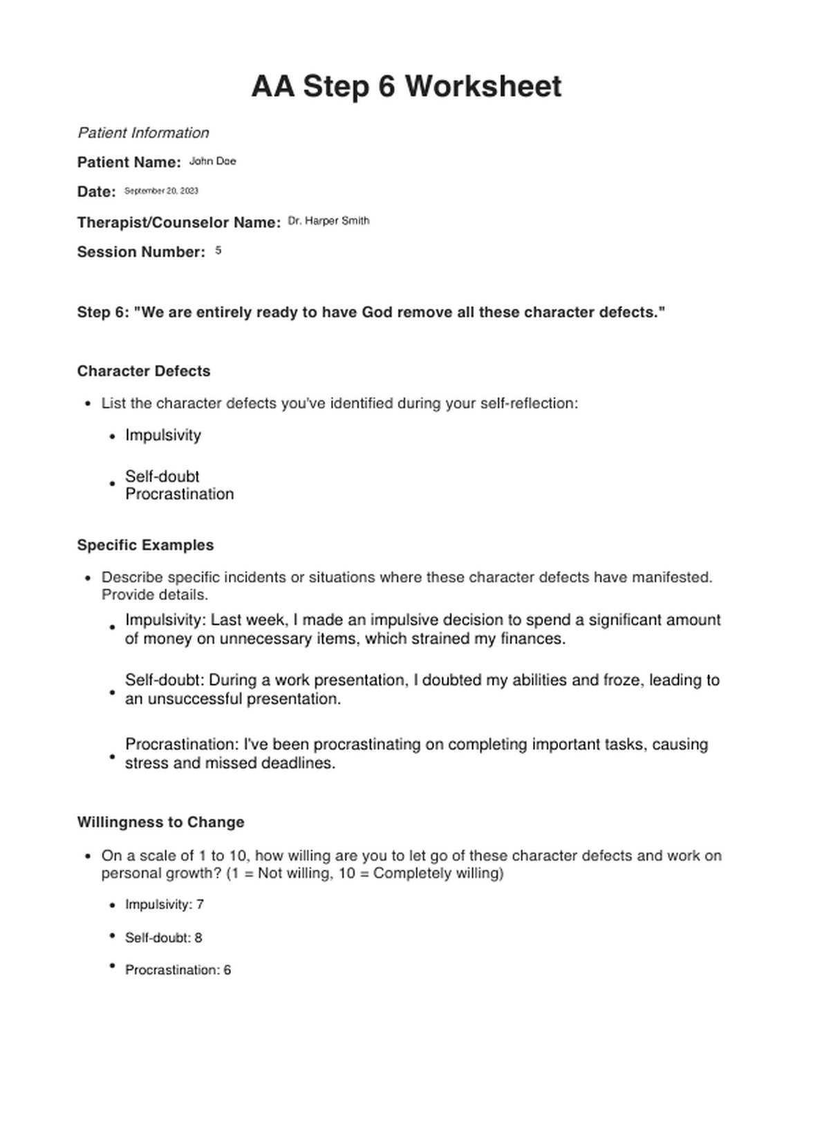 AA Step 6 Worksheets PDF Example