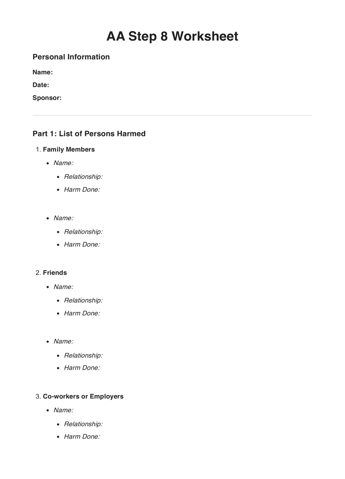 AA Step 8 Worksheets PDF Example