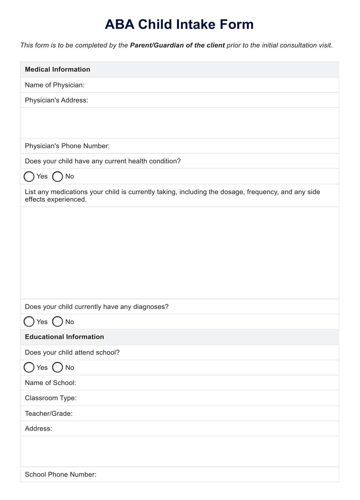 ABA Intake Form PDF Example