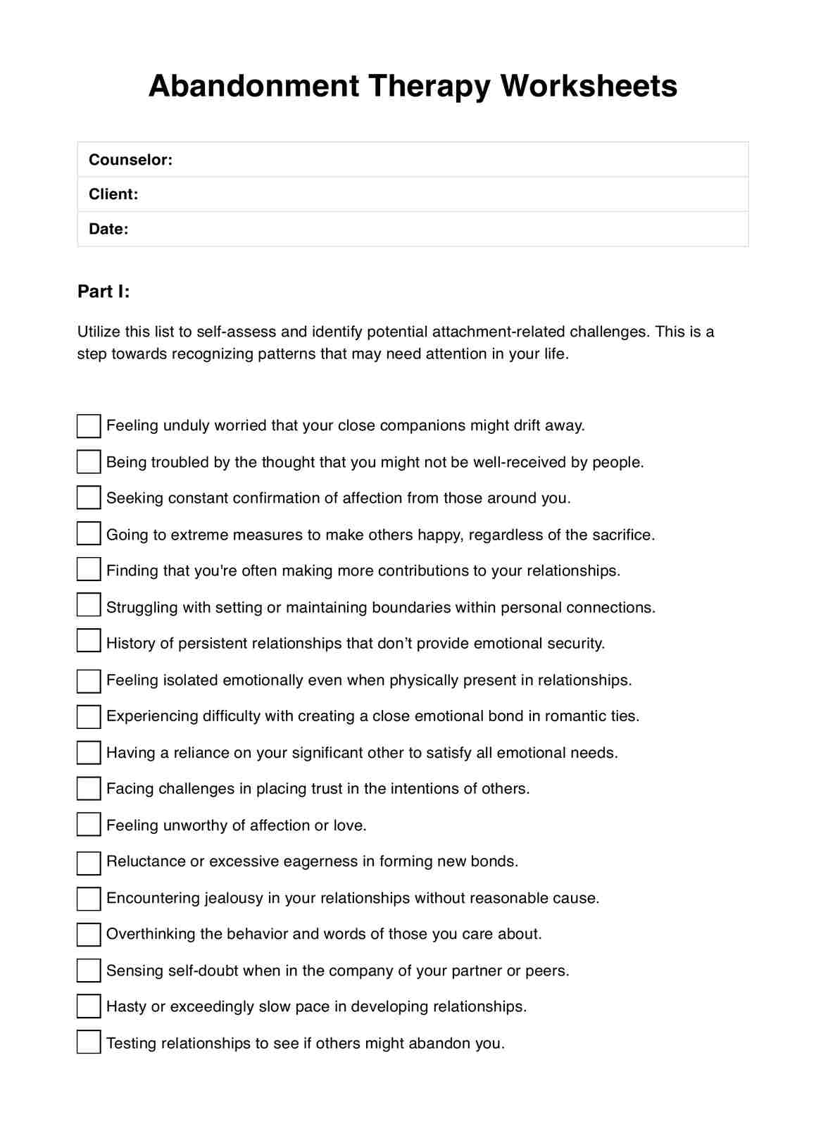 Abandonment Therapy Worksheets PDF Example