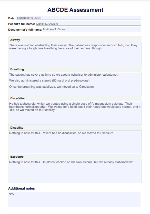Formulario de evaluación ABCDE ( vía aérea, respiración, circulación, discapacidad y exposición) PDF Example