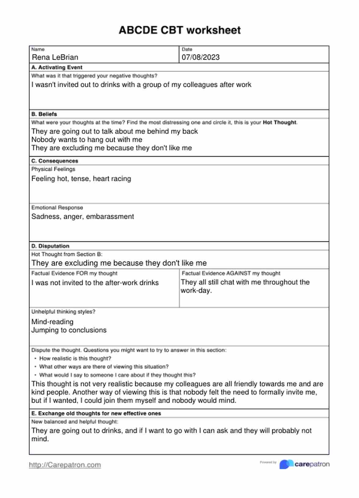 ABCDE CBT Worksheets PDF Example