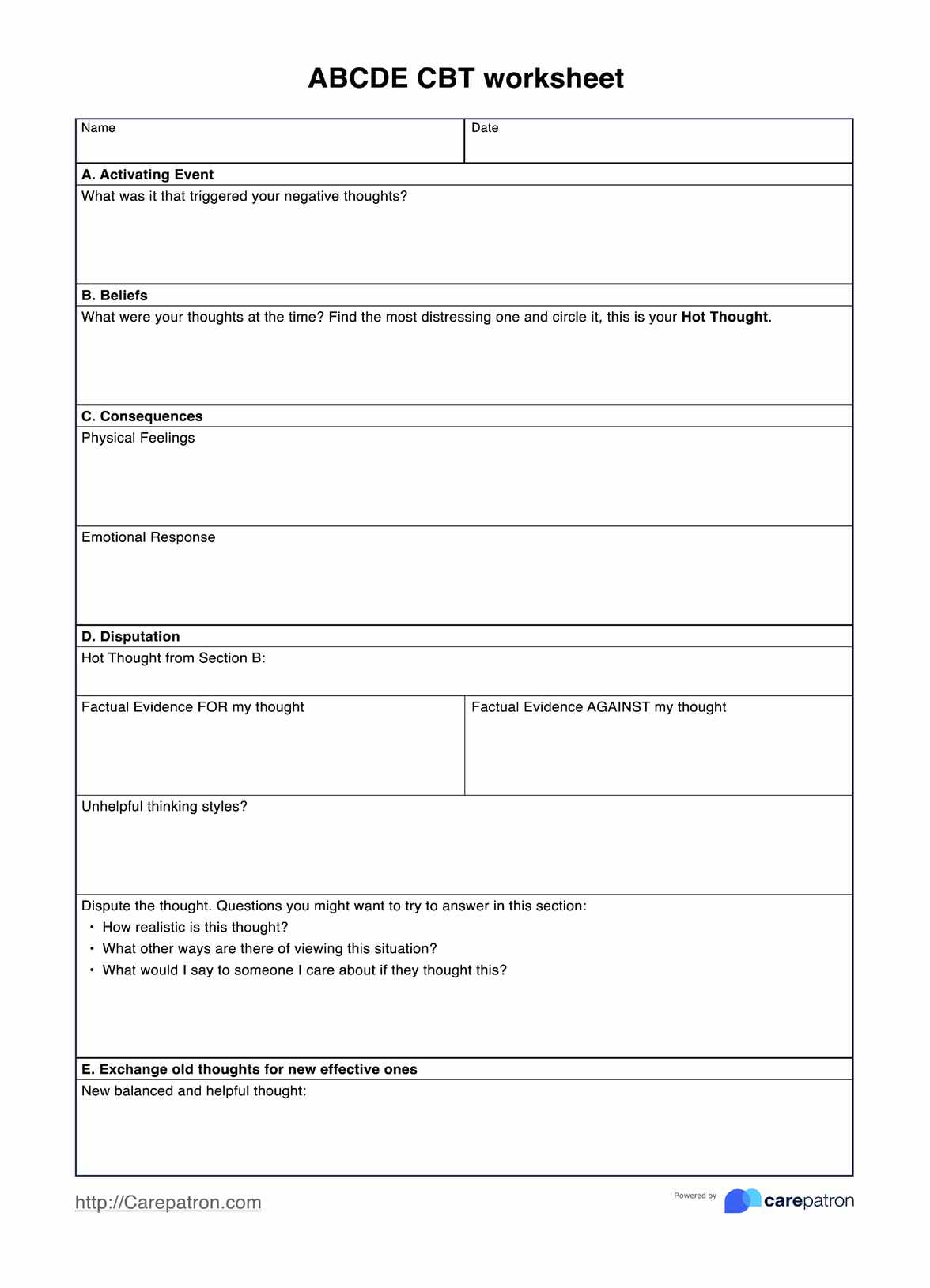 ABCDE CBT Worksheets PDF Example