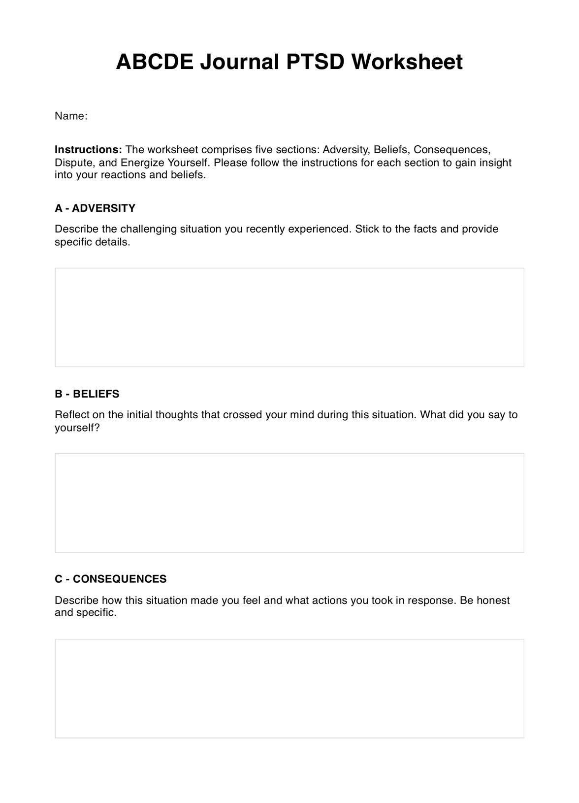 ABCDE Journal PTSD Worksheet PDF Example