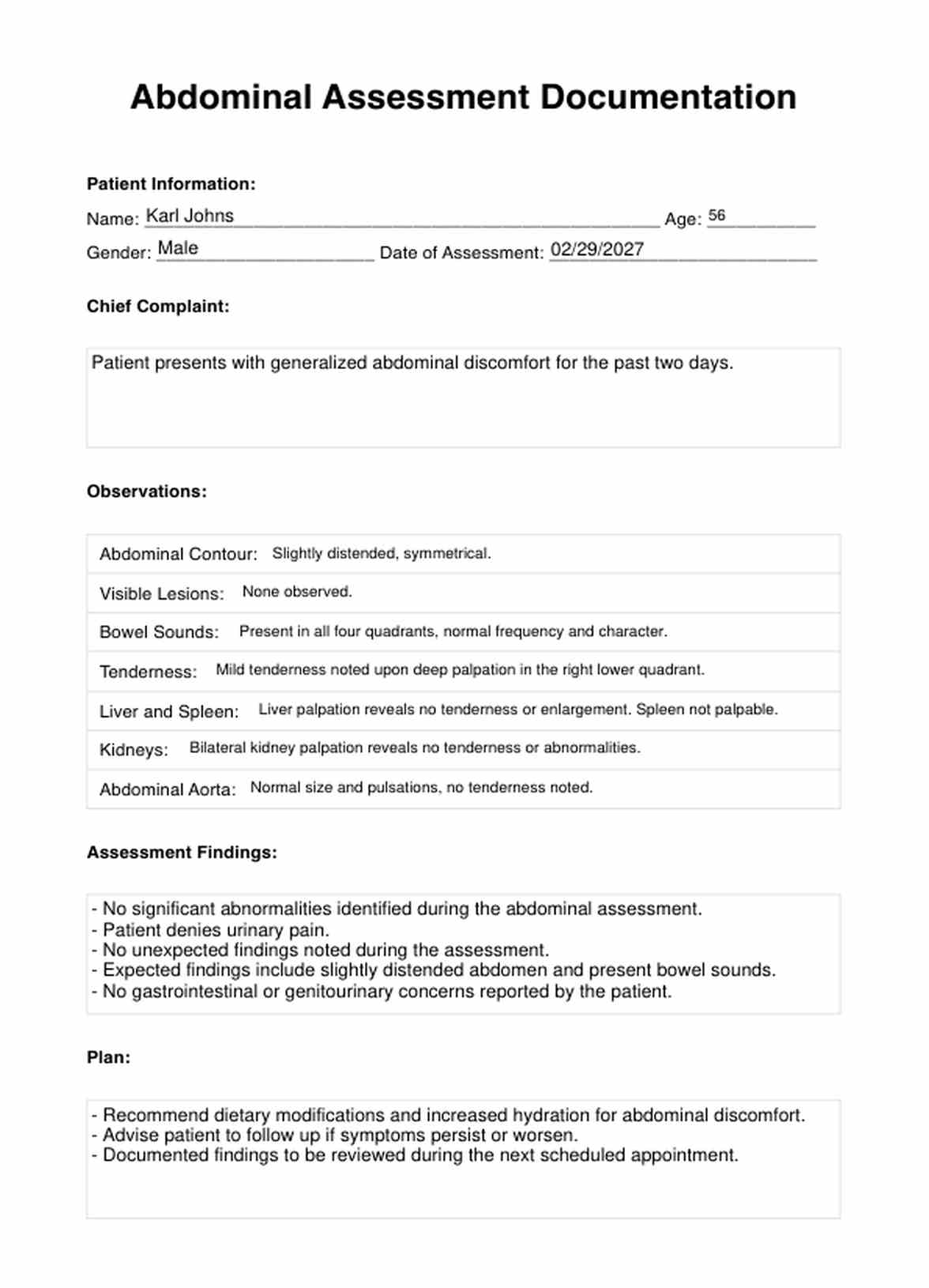 Abdominal Assessment Documentation PDF Example