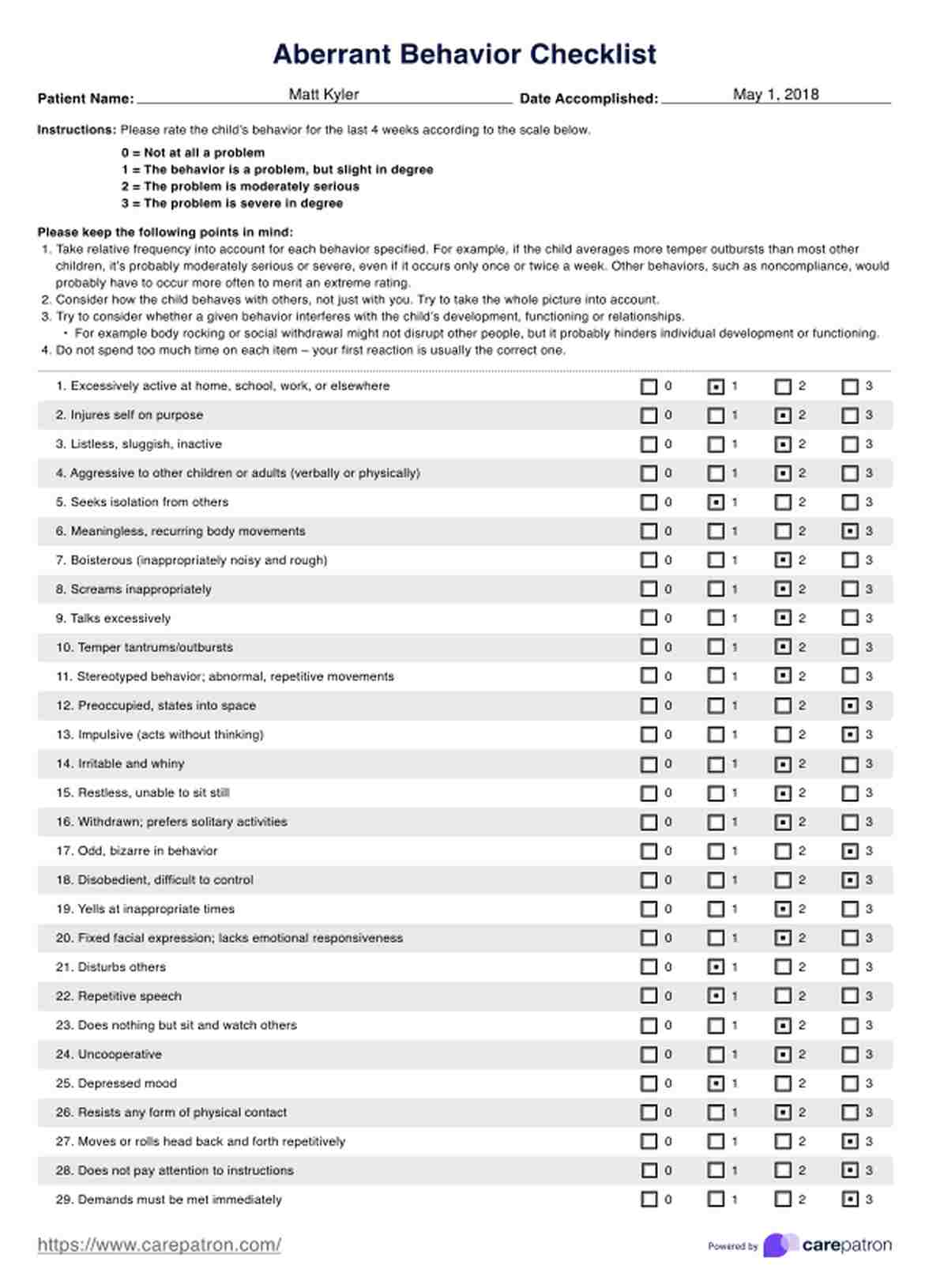 Aberrant Behavior Checklist PDF Example