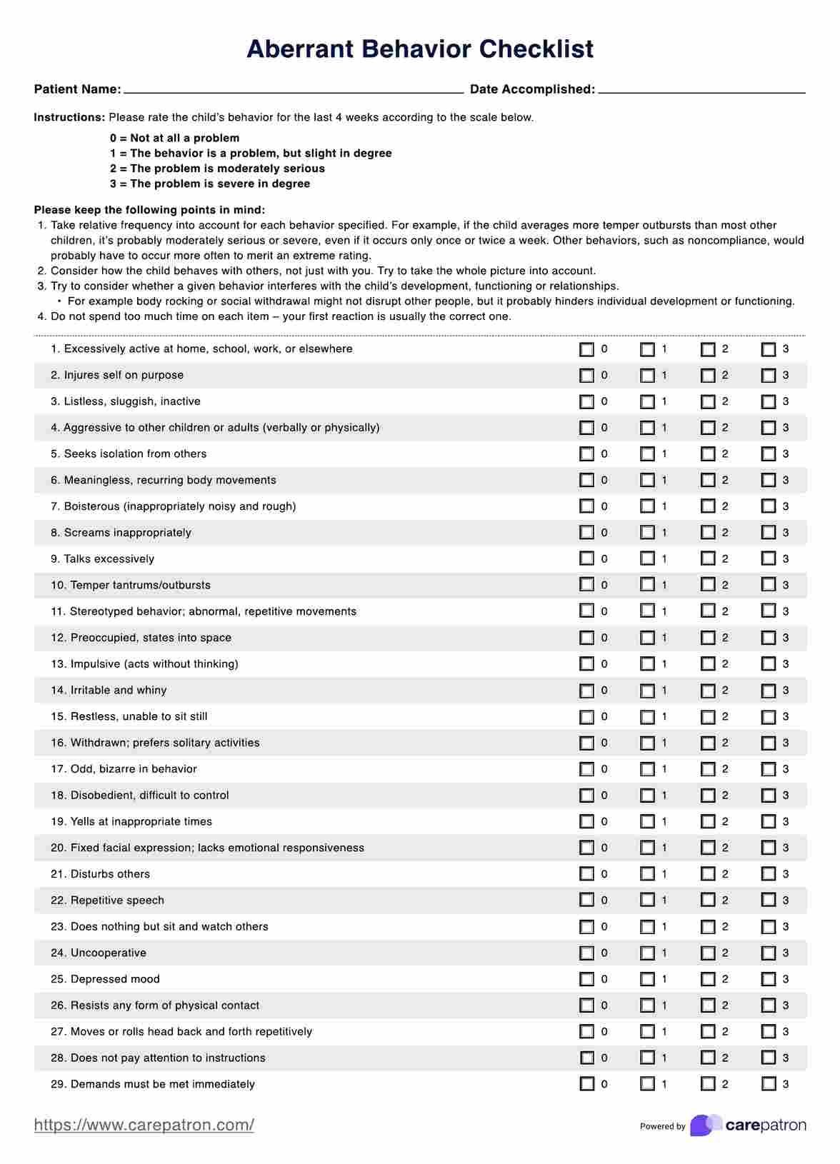 Aberrant Behavior Checklist PDF Example