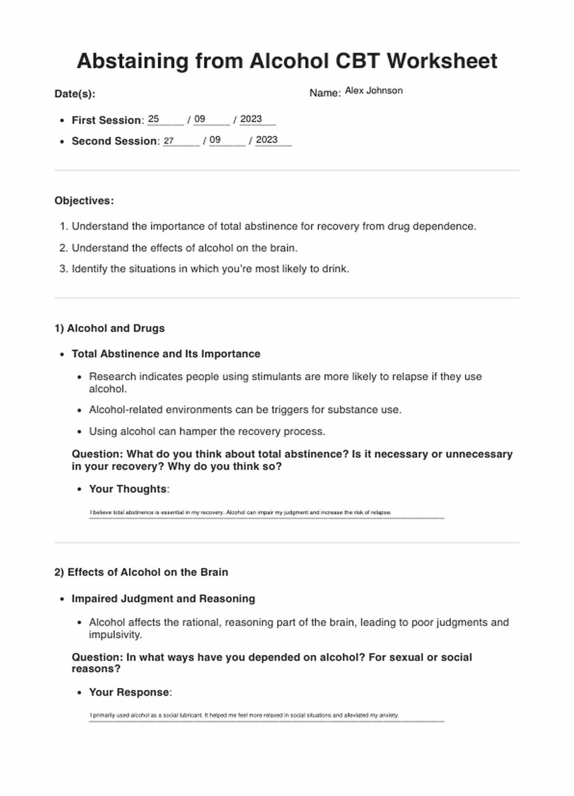 Abstaining from Alcohol CBT Worksheet PDF Example