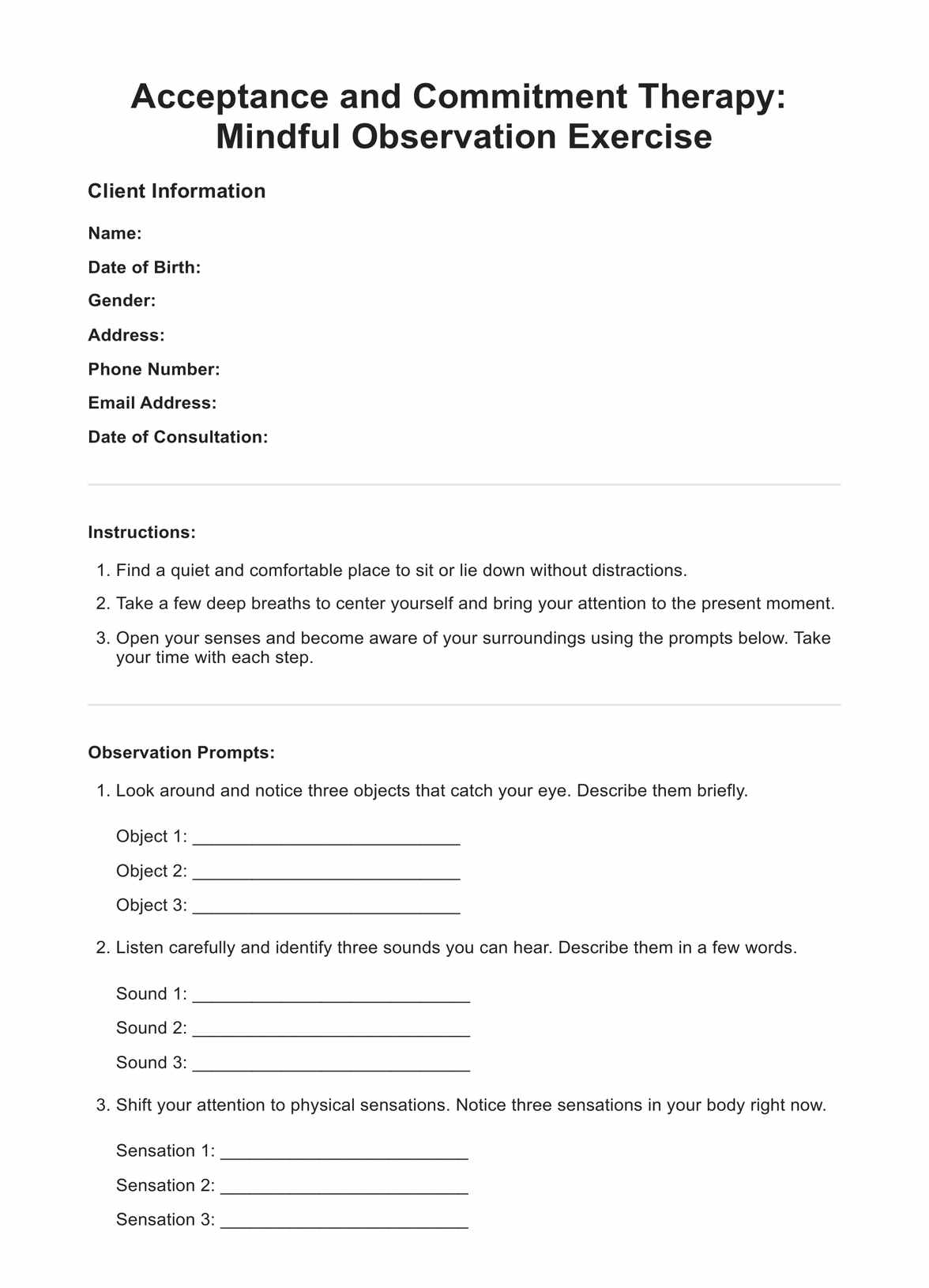 Acceptance And Commitment Therapy Worksheet PDF Example