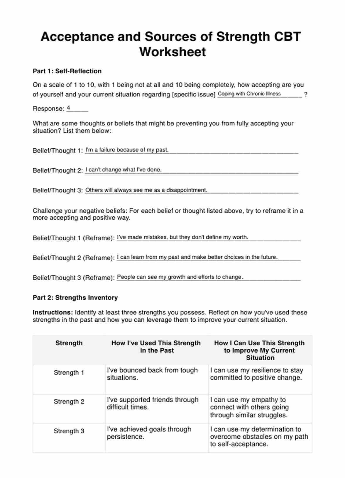 Acceptance and Sources of Strength CBT Worksheet PDF Example
