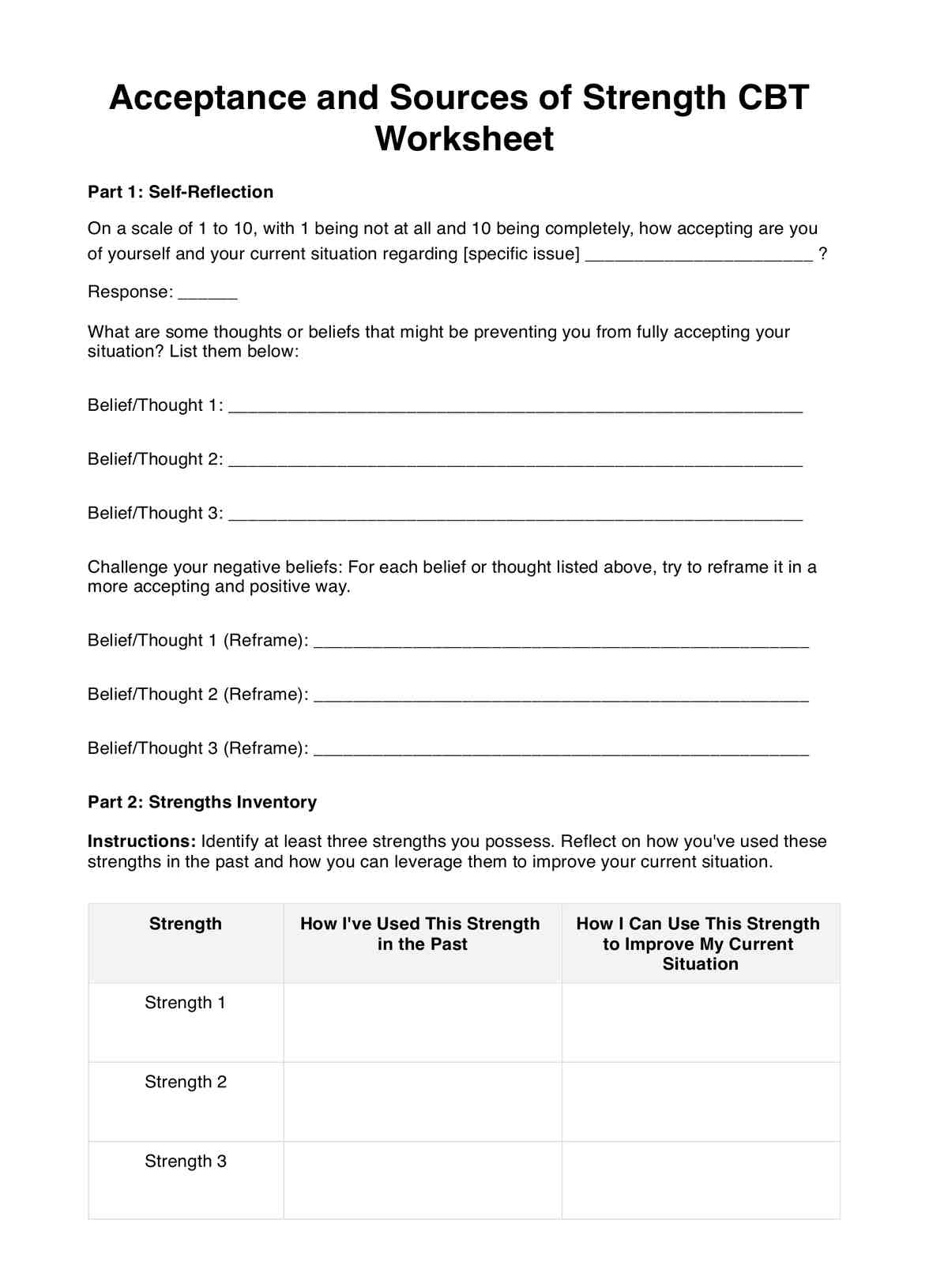 Acceptance and Sources of Strength CBT Worksheet PDF Example