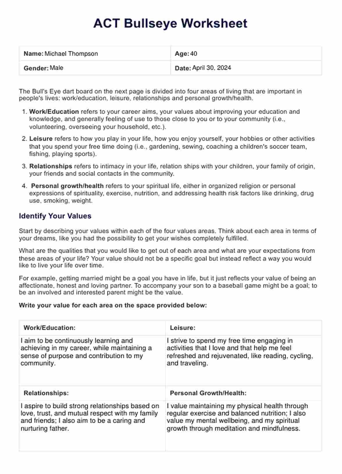 ACT Bullseye Worksheet PDF Example