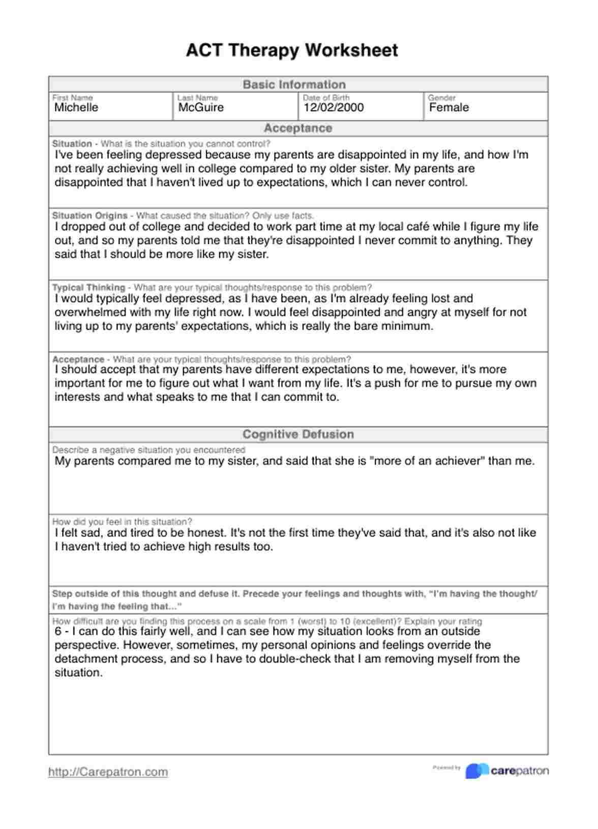 ACT Therapy Worksheet PDF Example