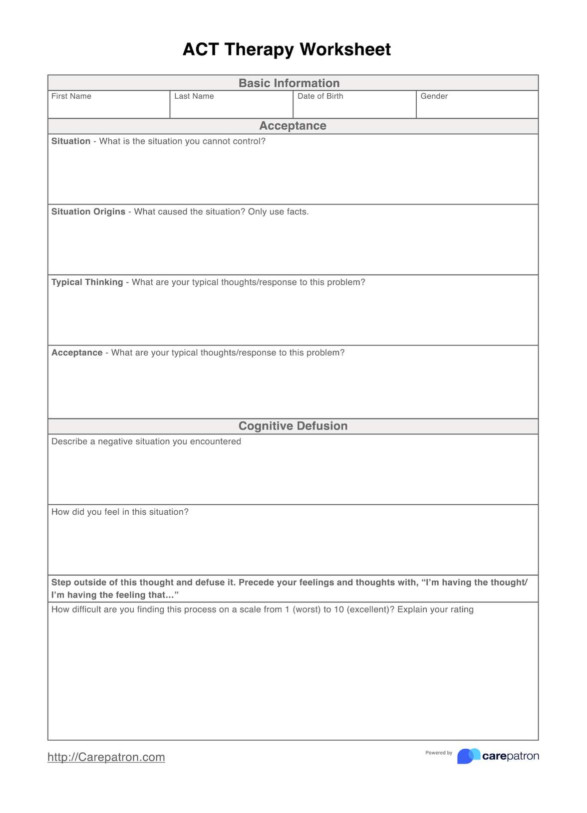 ACT Therapy Worksheet PDF Example