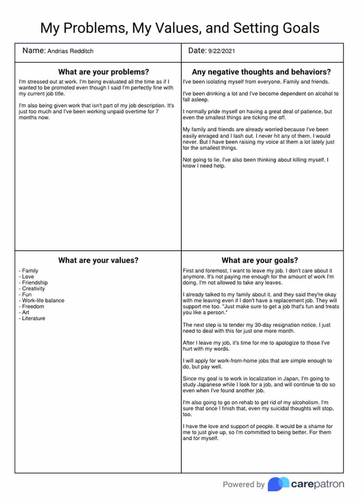 ACT Values Worksheet PDF Example