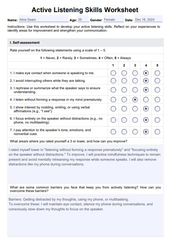 Active Listening Skills Worksheet PDF Example