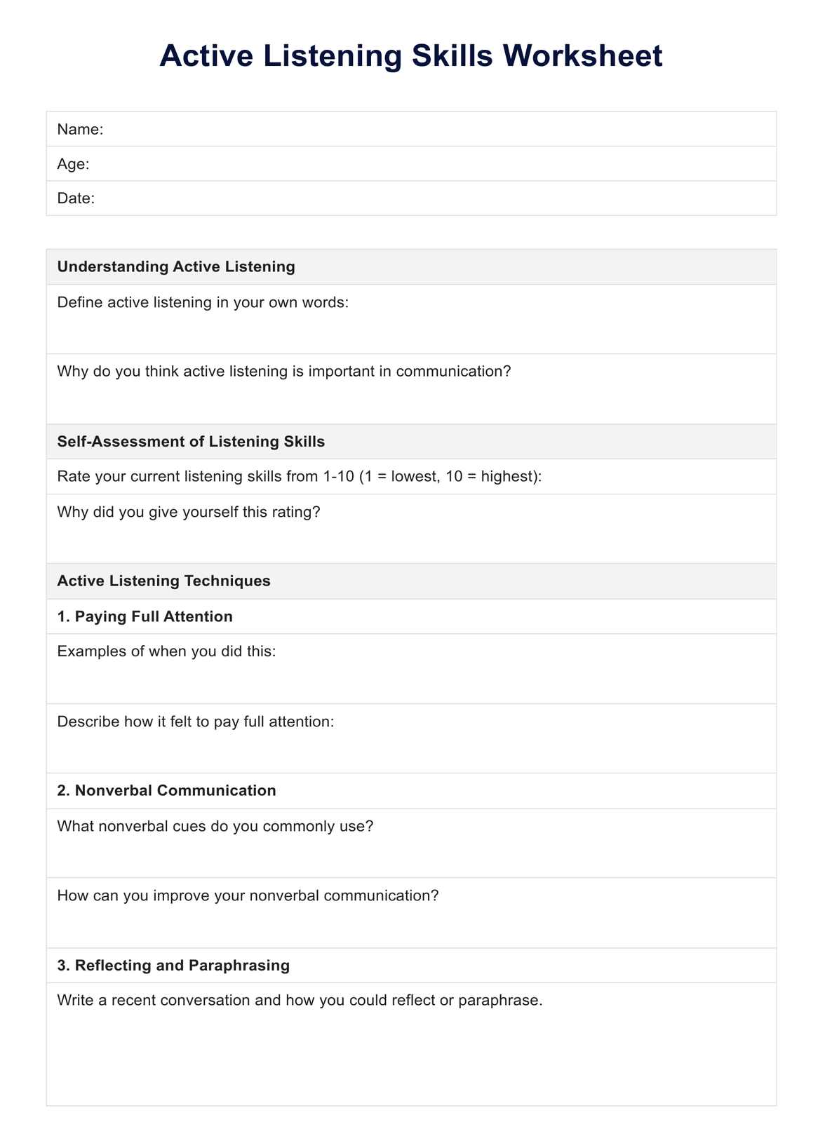 Active Listening Skills Worksheet PDF Example